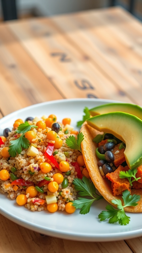 Chickpea and quinoa salad with sweet potato and black bean tacos, beautifully arranged on a rustic table.